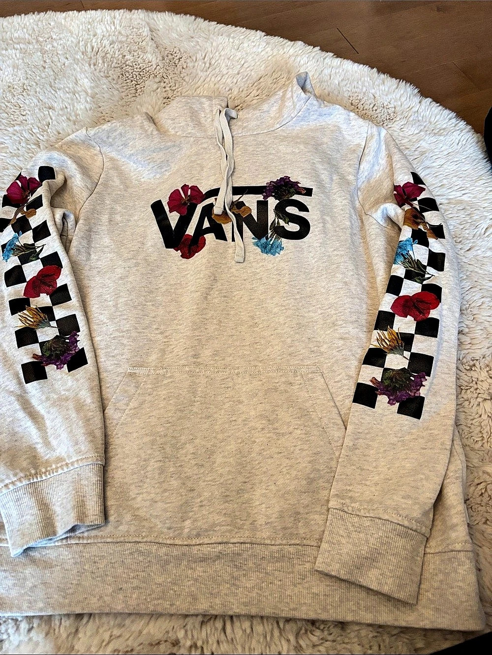 Vans Pressed Floral Checkerboard Hoodie Cream/Oatmeal Fleece lined